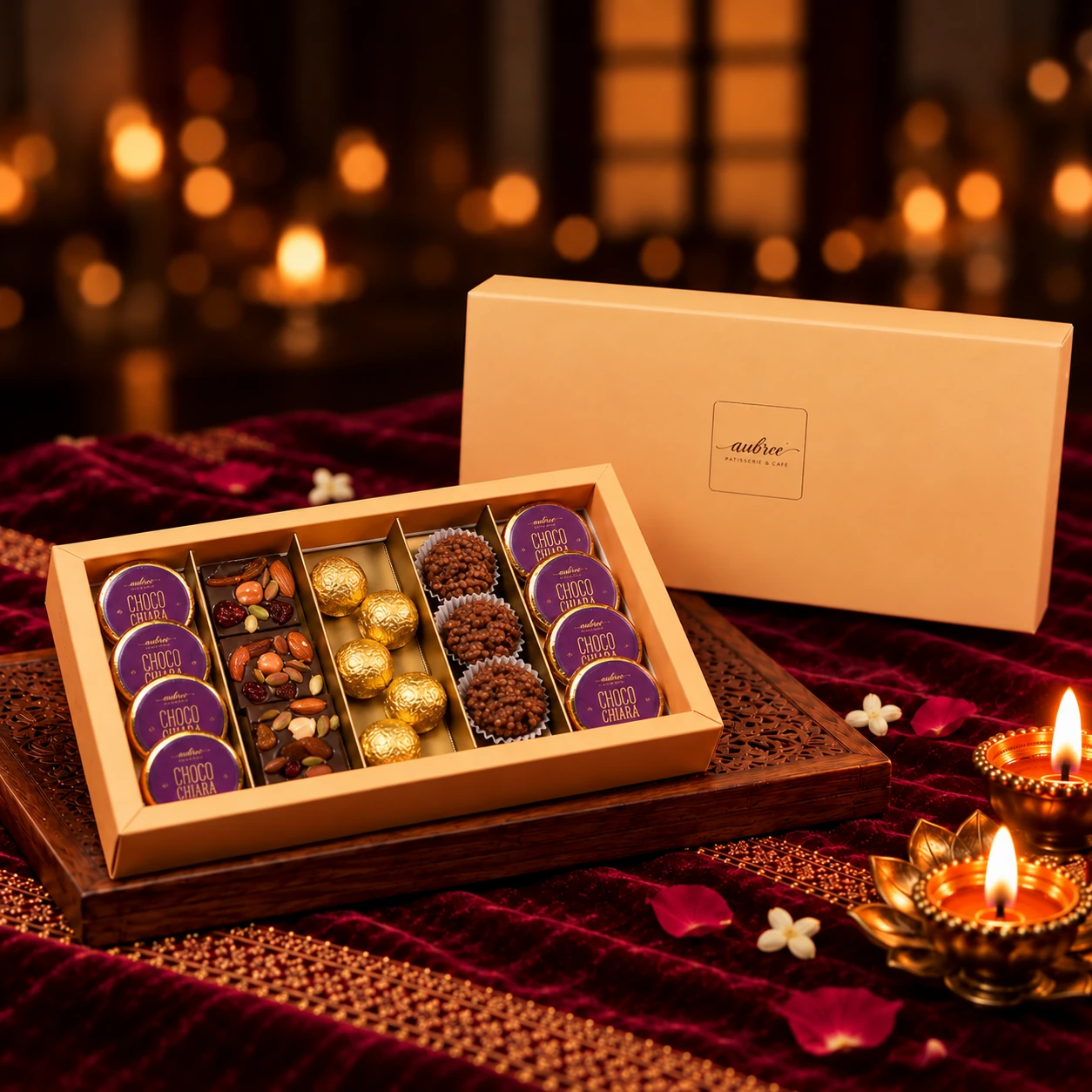 Aubree luxury Diwali chocolate gift box with gold packaging and festive diyas